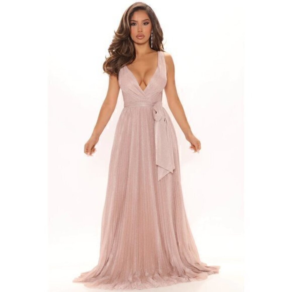 Fashion Nova Always Shining Maxi Dress in Rose Gold Blush Size S NWT